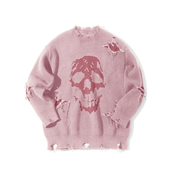 Men'S Halloween Skull Ripped Sweater, Trendy Polyester 100% Crew Neck Long Sleeve Knit Top, Loose Fit Warm Streetwear for Fall/Winter Outdoor - Teen Adult