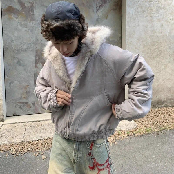 Harajuku American-style fur collar cotton hooded jackets for men new winter warm street plus velvet thickened casual jacket