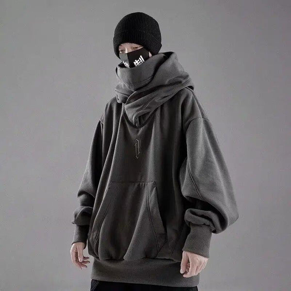 Embroidery Turtleneck Sweatshirt For Men Japanese Ninja Hoodies Autumn Hip Hop Fleece Pocket Streetwear Oversized Hoody