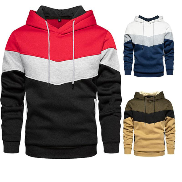 Men's Patchwork Hoodie Outdoor Casual Sportswear Street Fashion Fleece Thermal Hooded Sweatshirt Fall Winter Black