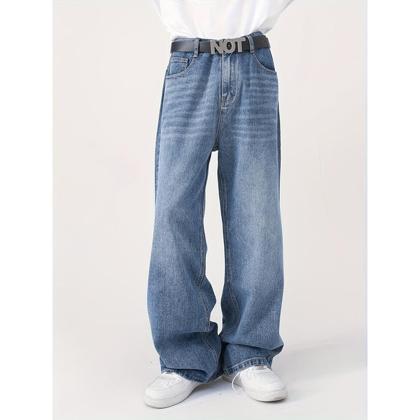 Mens Relaxed Fit Light Blue Solid Color Casual Jeans - Soft Washed Denim Street Dance Inspired Hip-Hop Style Loose Fit Comfortable Versatile Perfect for Skateboarding and Everyday Wear - Quality Guarantee