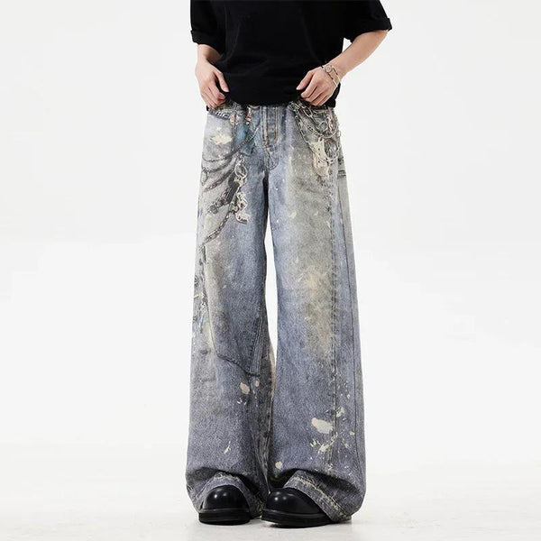 New Chain Printed Baggy Jeans For Men And Women Casual Baggy Straight Denim Pants High Street Wide-leg Blue Jean