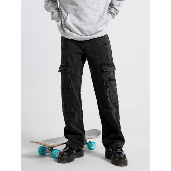 Men's Casual Cargo Jeans Hip-Hop Style Loose Fit Straight Leg Denim for Streetwear Biking Rayon Blend Machine Washable