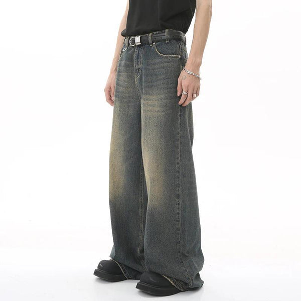 Male Jeans Straight Casual Menwear Loose Wide Leg Trousers New Fashion Summer Men's Denim Pants Old Blue Washed