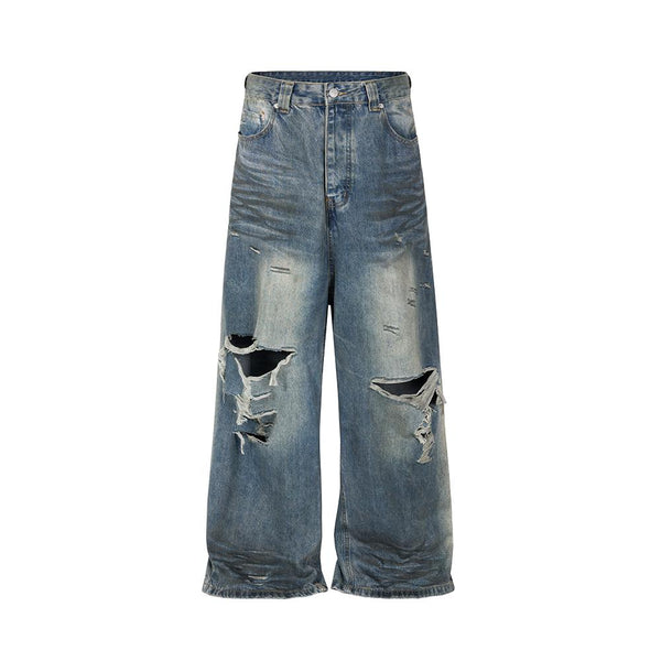 Frayed Damaged Hole Baggy Wide Leg Jeans for Men Streetwear Casual Denim Pants