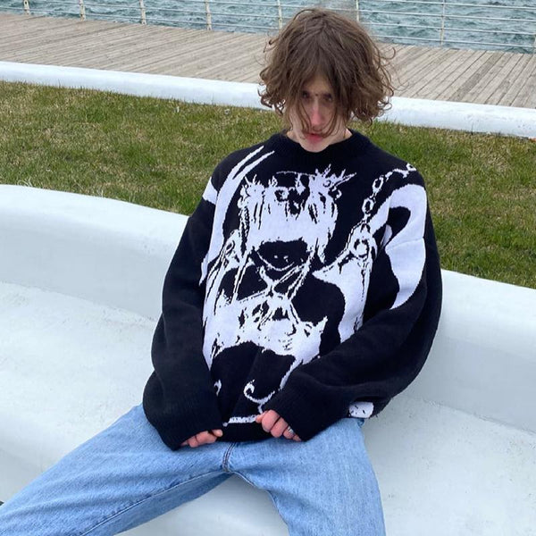 Men's Vintage Knitted Sweater Autumn/Winter Pullover Sweater Men's/Women's Harajuku Large Sweater Printed Fashion