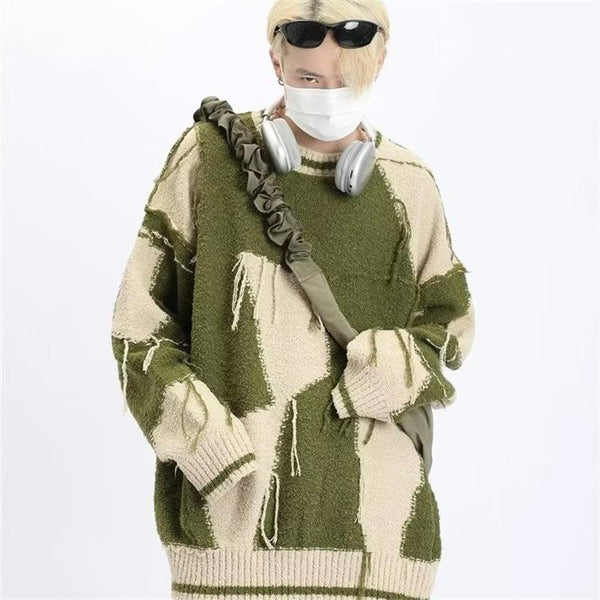 New Vintage Ripped Sweater For Men Harajuku Tassel Design Knitted Pullovers Streetwear Patchwork Casual Knitwear Jumpers