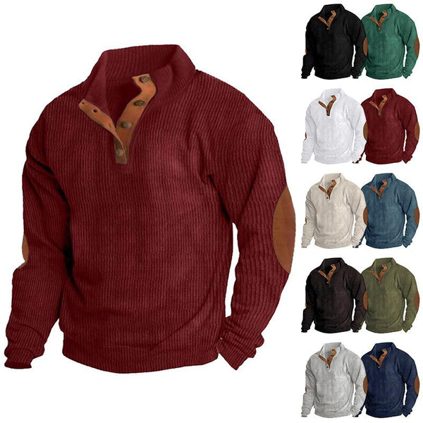 Men's Pullover Outdoor Casual Buttoned Stand Collar Long Sleeve Pit Strip Corduroy Sweatshirt Autumn Winter Fashion