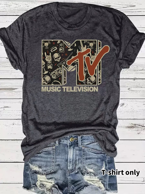 MTV Logo Graphic T-Shirt with Skull Print Casual Crew Neck Tee Polyester And Elastane Blend Medium Stretch Geometric Pattern Knit Fabric Applique Detail Suitable for SpringSummerFall