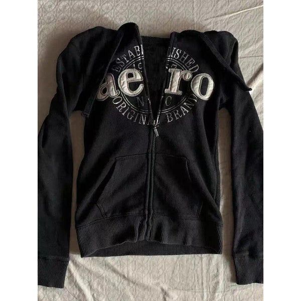 American retro hoodie women vintage design black hoodies women casual jacket autumn y2k tops new grunge versatile sweatshirts