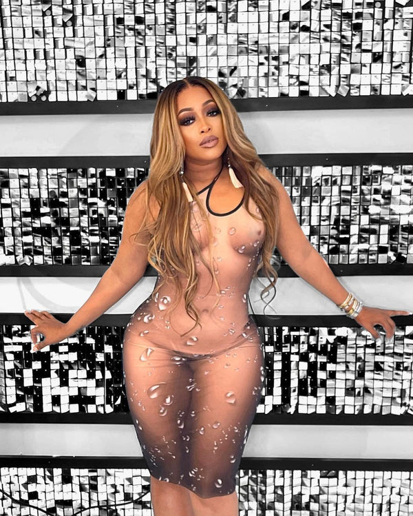 Sheer mesh sexy printed two-way dress