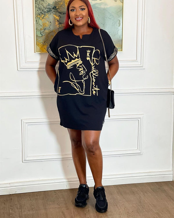 Fashionable women's printed black dress