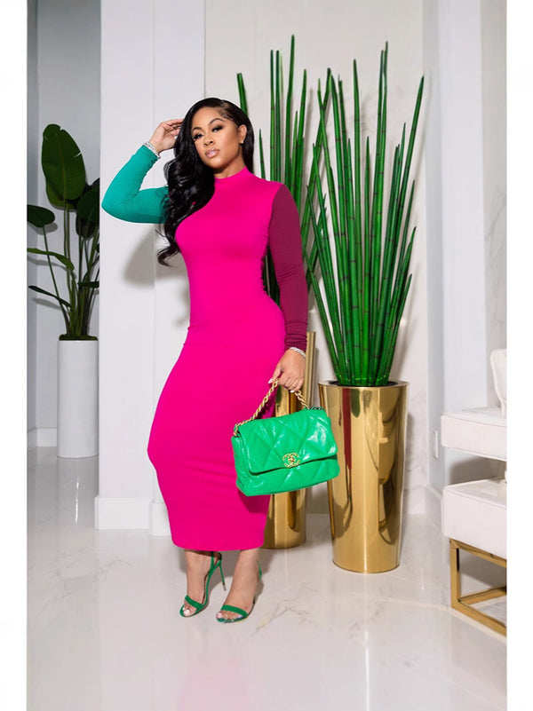 Autumn and winter three-color patchwork long-sleeved dress