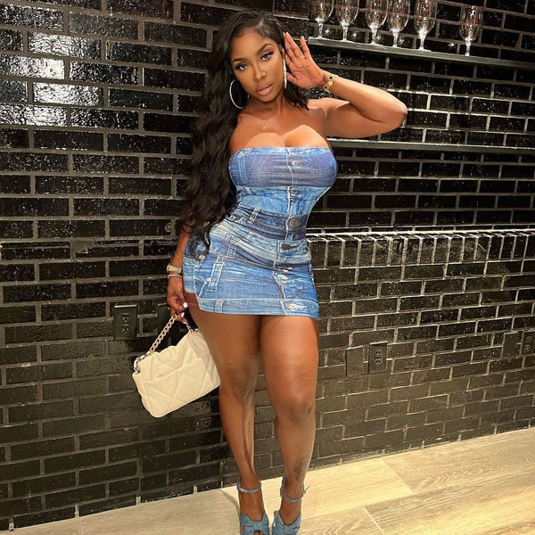 New Denim Printed Wrap Sleeveless Dresses