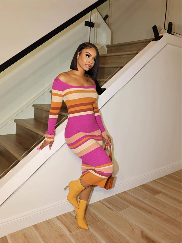 Autumn and winter sexy long-sleeved striped printed dress