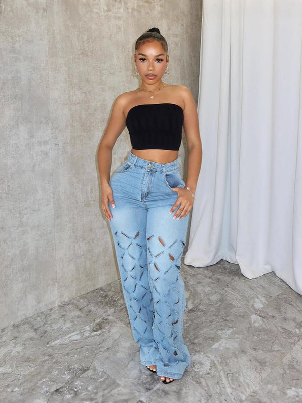 Spring/Summer New Women's Fashionable Sexy Ripped Washed Denim Pants