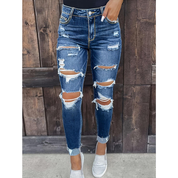 Trendy Women's Ripped Boyfriend Jeans Loose Fit Distressed Stretchy Denim Pants with Mid-Rise Waist Comfortable and Fashionable Design for Everyday Wear