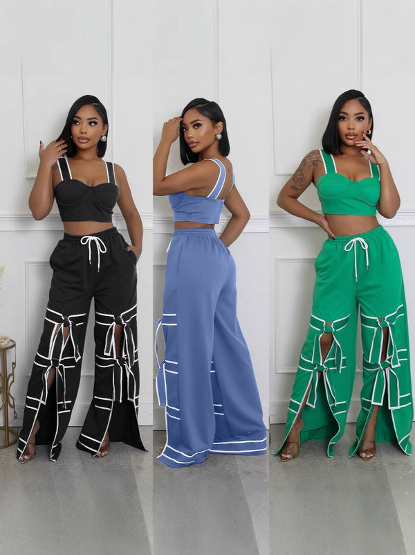 Urban Edge Solid Color Patchwork Pants Tie Up Detail Straight Leg Casual Streetwear Womens Fashion Bottoms Separate Only