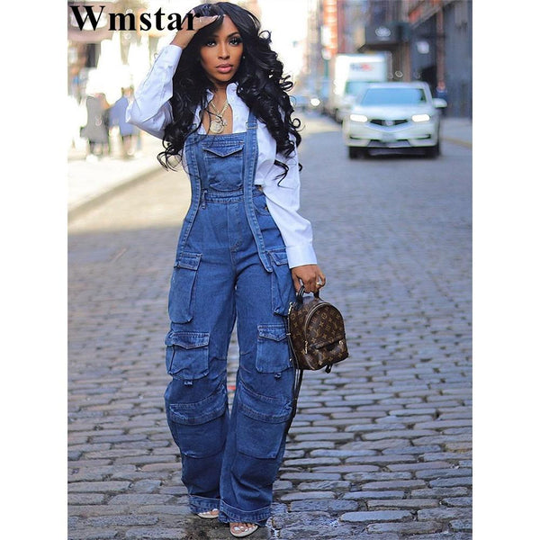 Women Jumpsuit Fashion Rompers Streetwear Sleeveless Denim Vintage Loose Jeans Overalls Pockets Wide Leg Female Pants