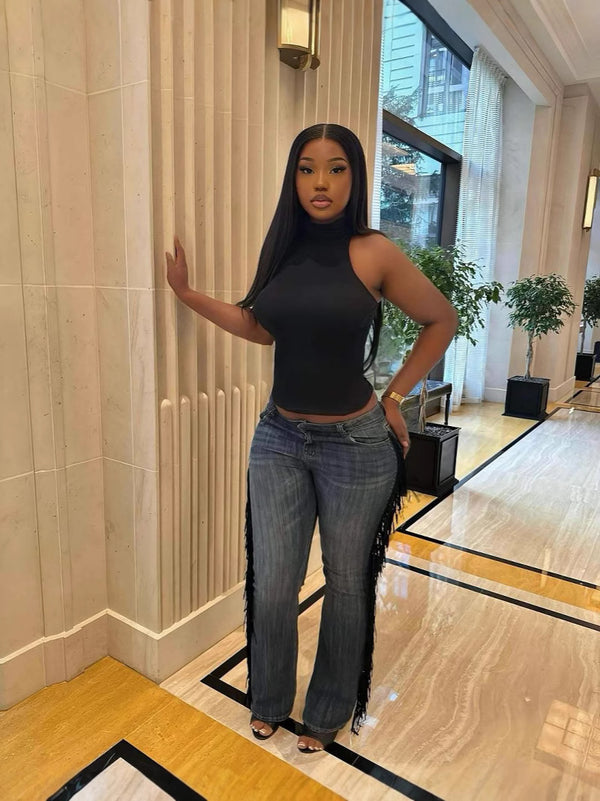 Retro Glam High Waisted Straight Leg Jeans Women Fashion Fringe Detail Vintage Inspired Denim Classic Bottoms