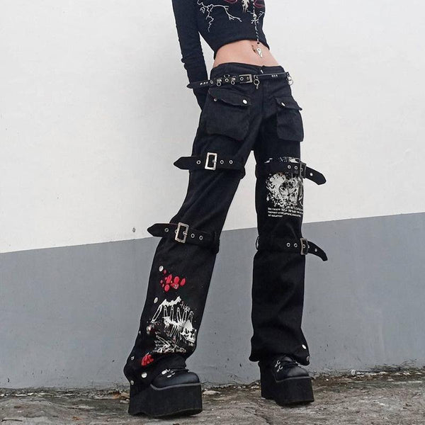 Gothic Black Cargo Pants Women Low Waist Jeans Long Trousers Y2K Grunge Vintage Hip Hop Punk Harajuku Streetwear