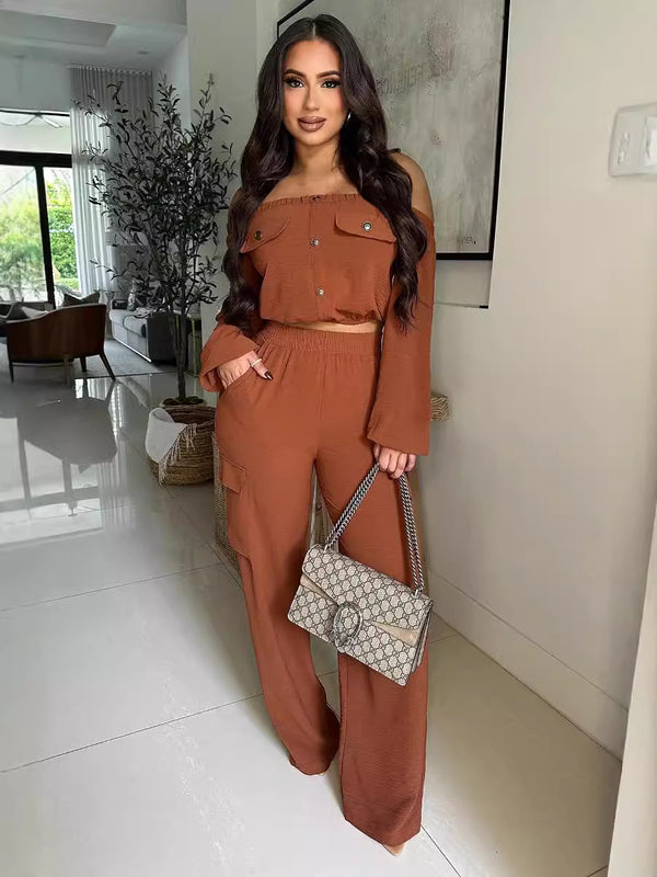 Autumn Elegance Womens One Shoulder Two Piece Set Solid Color Long Sleeve Top And Pants Casual Sophisticated Matching Outfit