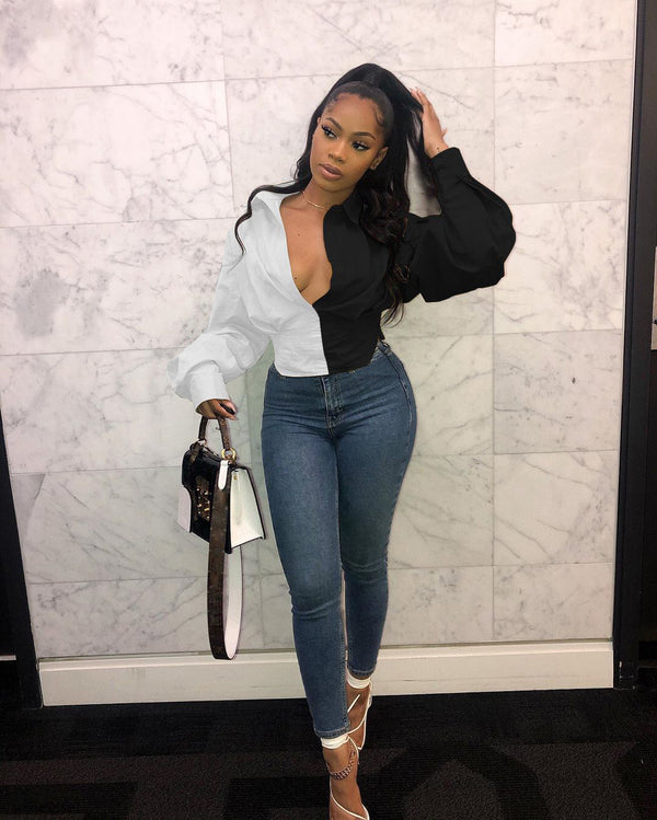 Modern Silhouette Womens Slim Fit Shirt Solid Color Elegance Lantern Sleeve Detail Tailored Contemporary Minimalist Top