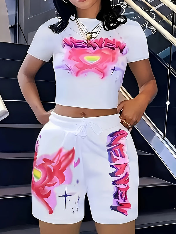 Summer new digital printing loose casual shorts set