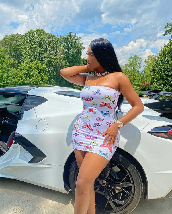 Butterfly print sleeveless sexy wrap dress